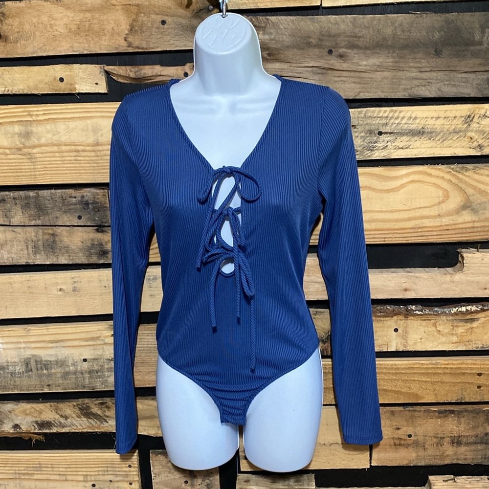 Free People Tied Up Ribbed Long Sleeve Bodysuit In Blue Size Medium - Picture 2 of 8